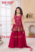 Girls Rani Pink Embroidered Peplum Sharara Set with Dupatta