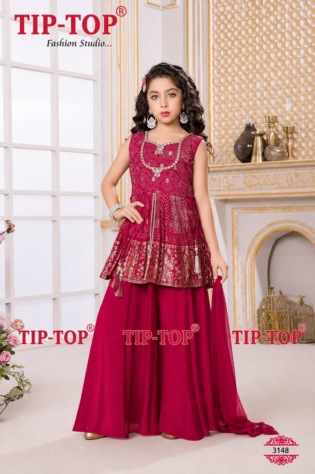 Girls Rani Pink Embroidered Peplum Sharara Set with Dupatta