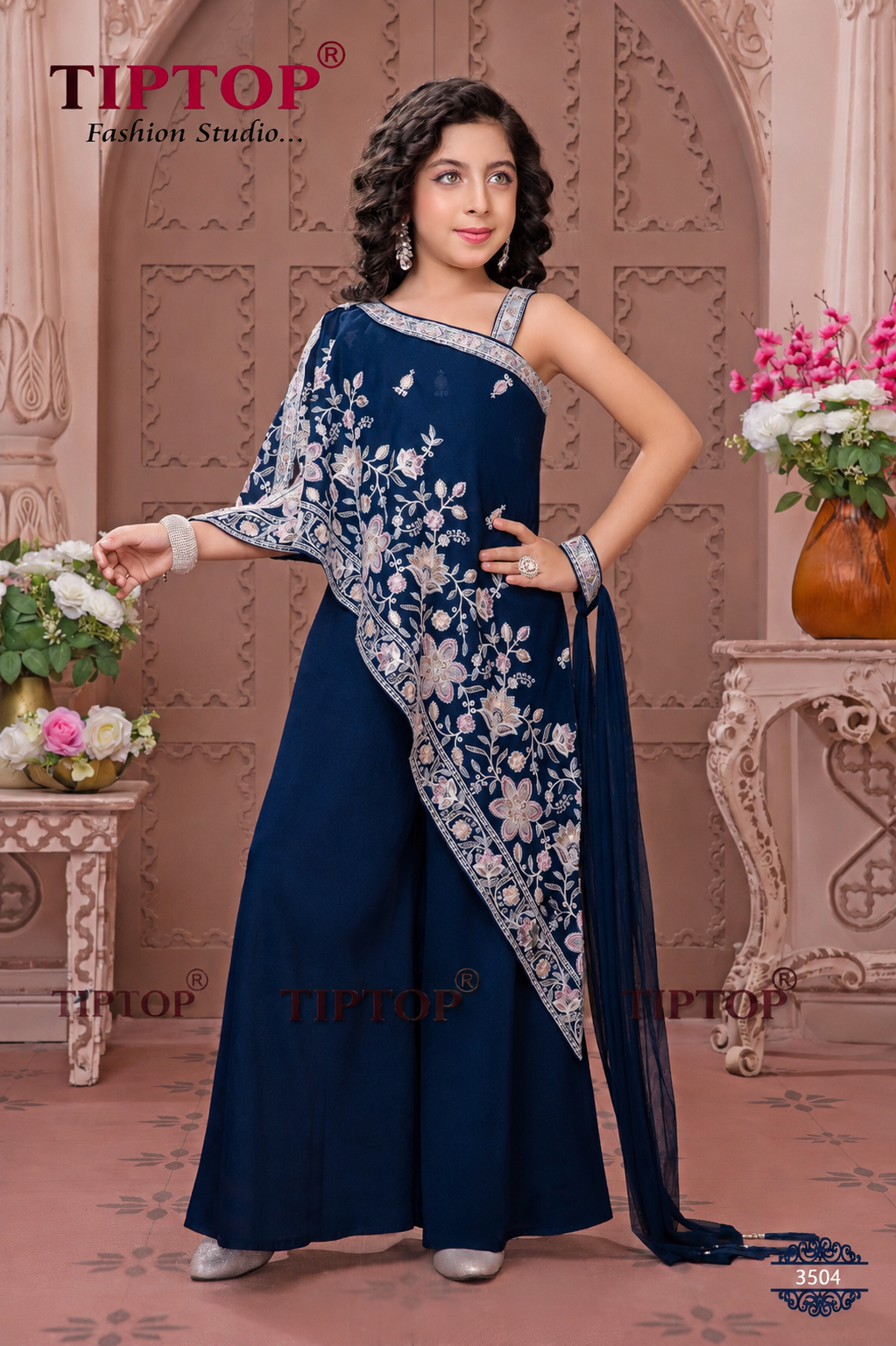 Designer Navy Blue Sharara Set with Floral Embroidery & Draped Dupatta