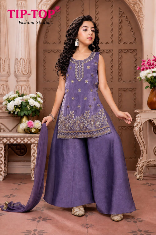 Girls Dark Lavender Embroidered Kurti Sharara Set with Dupatta